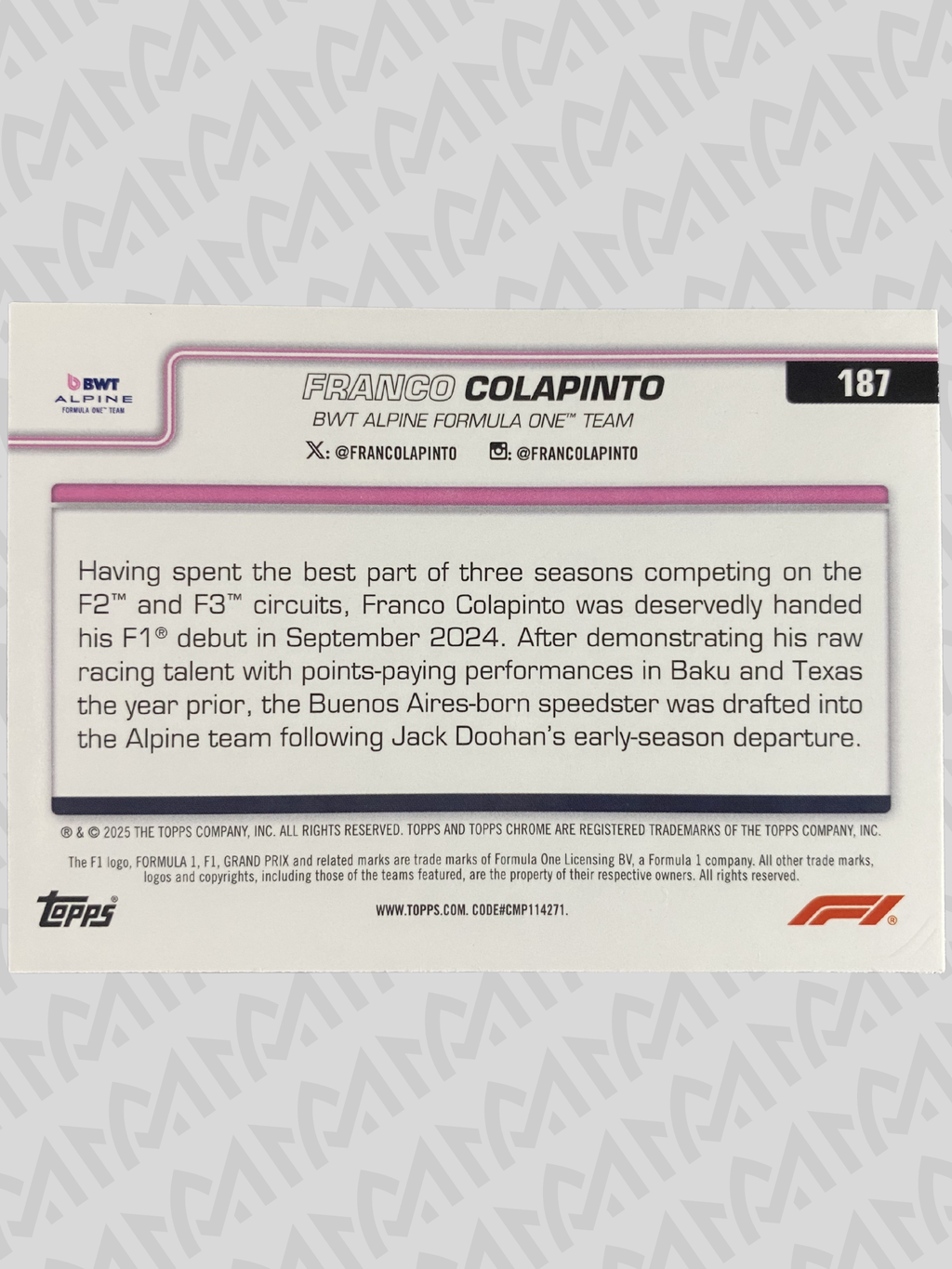 Franco Colapinto 2025 Topps Chrome F1 - On The Move