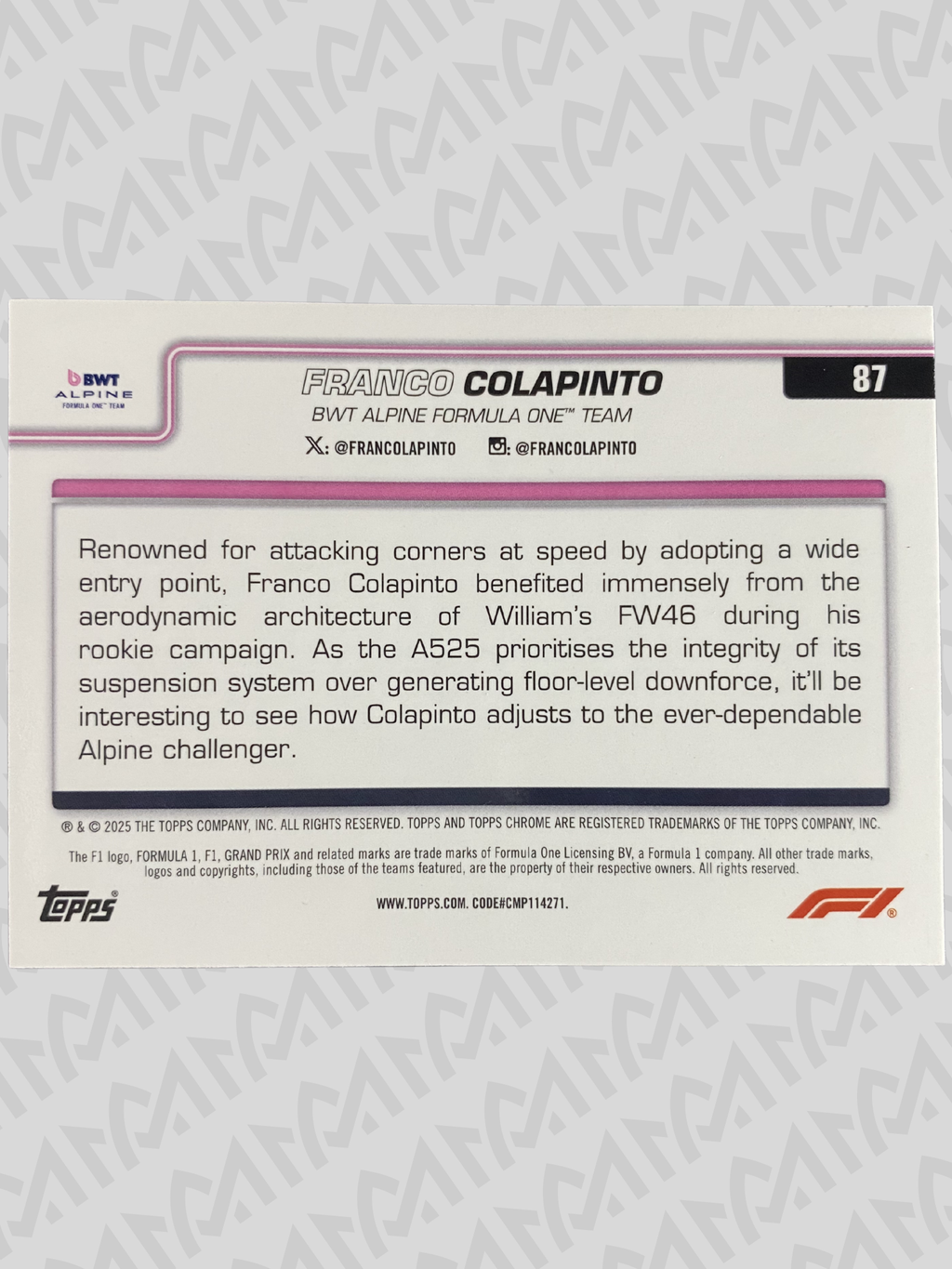 Franco Colapinto 2025 Topps Chrome F1 - Monoplaza (Action)