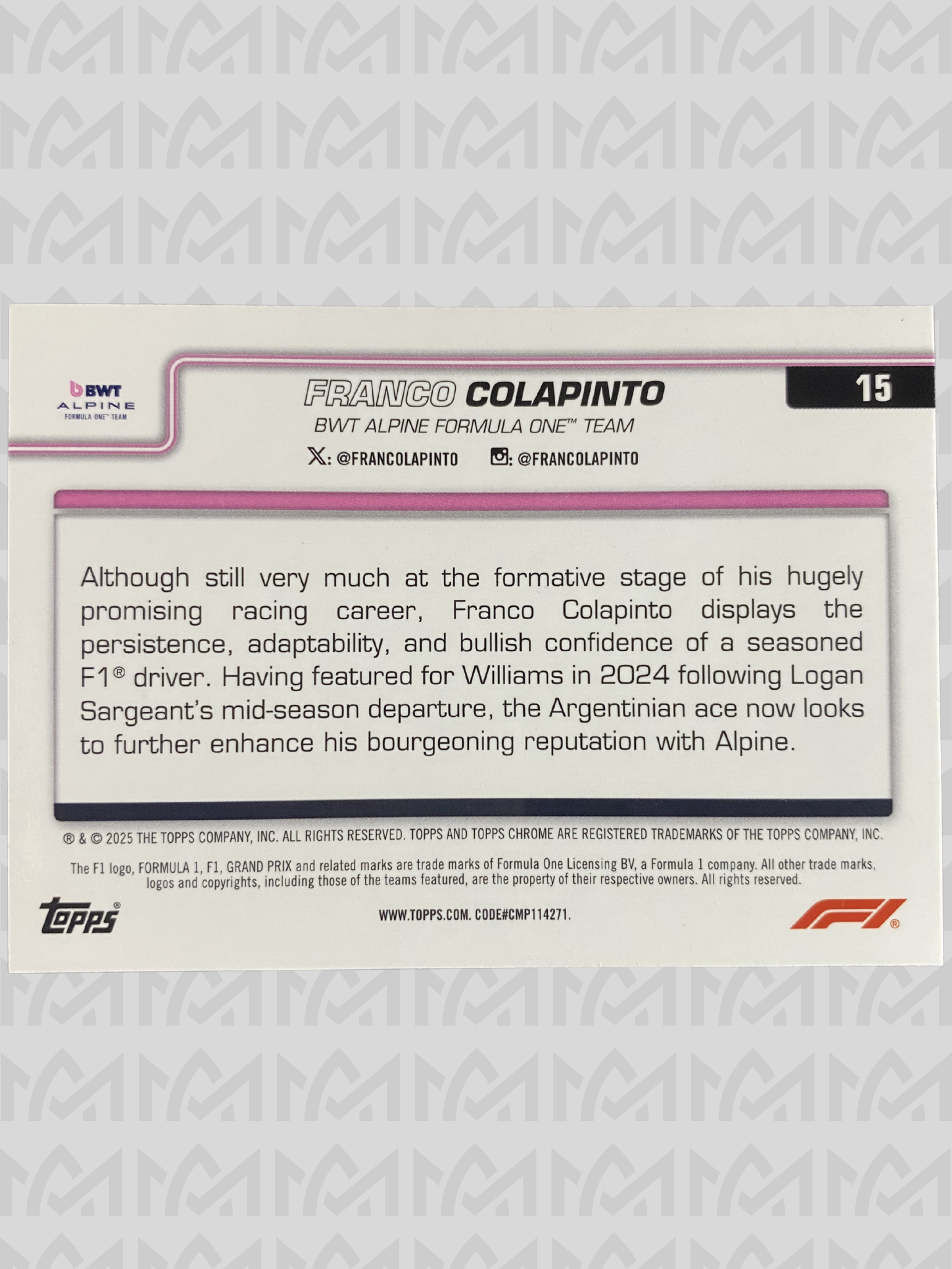 Franco Colapinto - Topps Chrome F1 #15